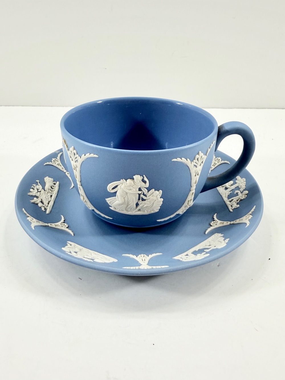 1953 Wedgwood Jasperware Teacup Cup &‎ Saucer, Sacrifice Figures, Pale Blue RARE